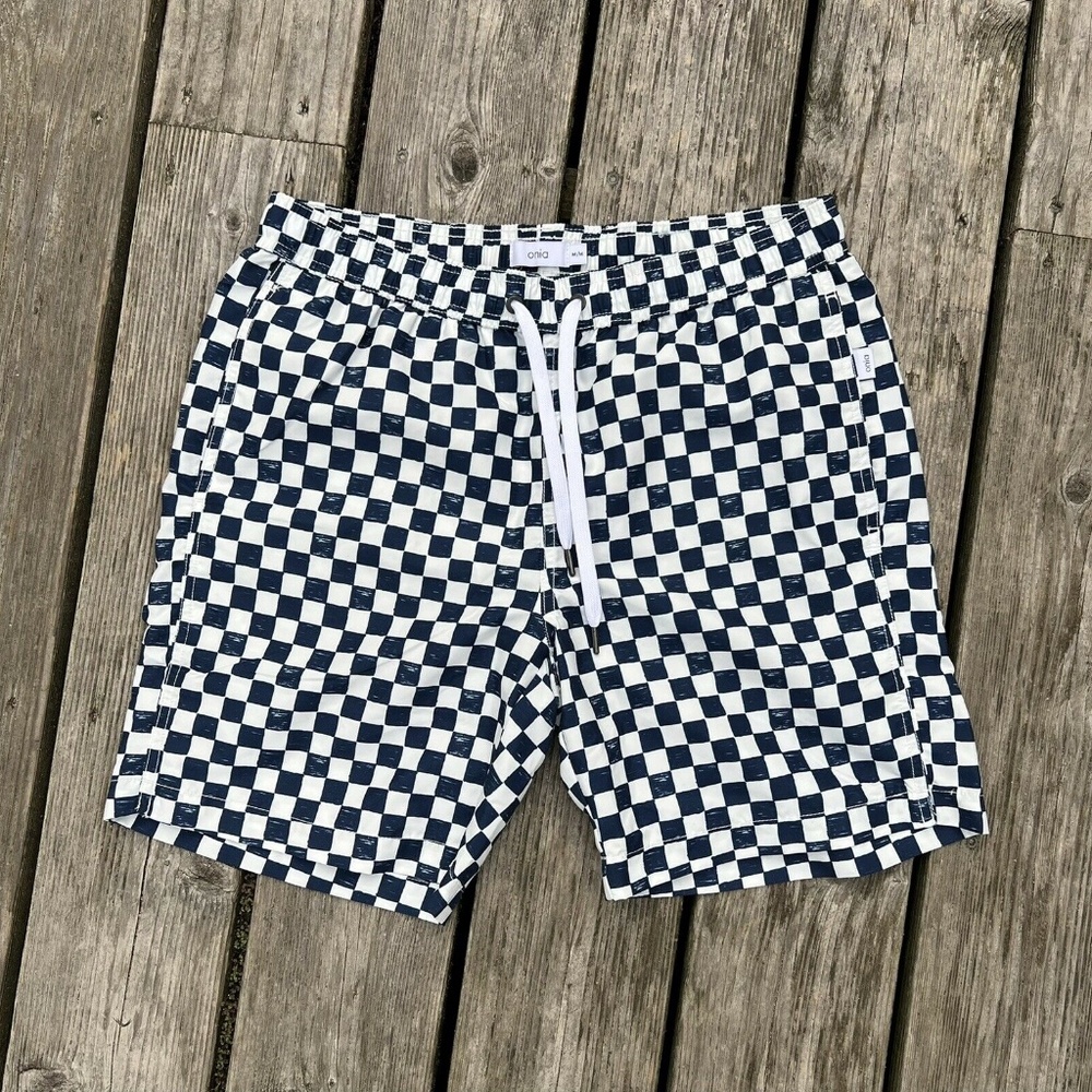 Onia The Calder Hand Drawn Checker Men's Medium Swim Trunks Navy Blue